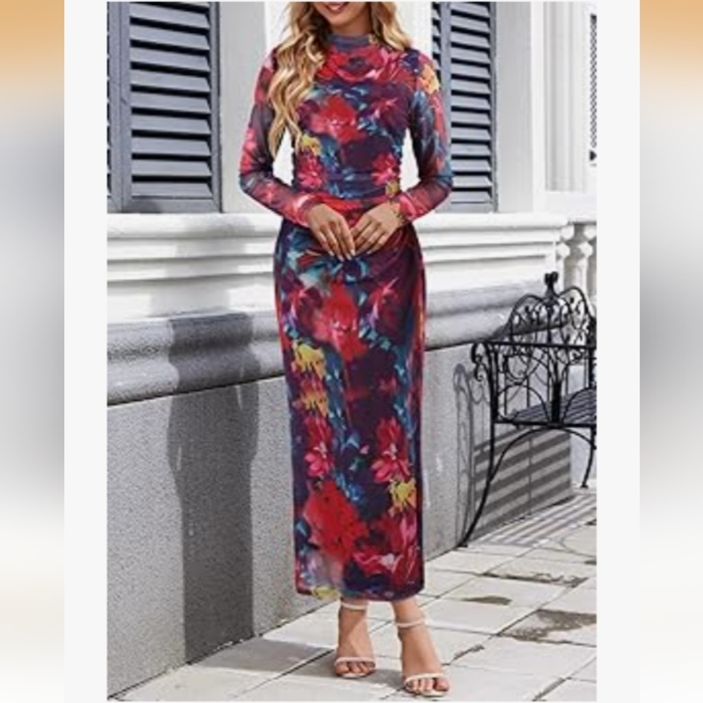 MEROKEETY Floral Sheer Mesh Long Sleeve Fully Lined Maxi Dresses Size XL NWT - Picture 3 of 7